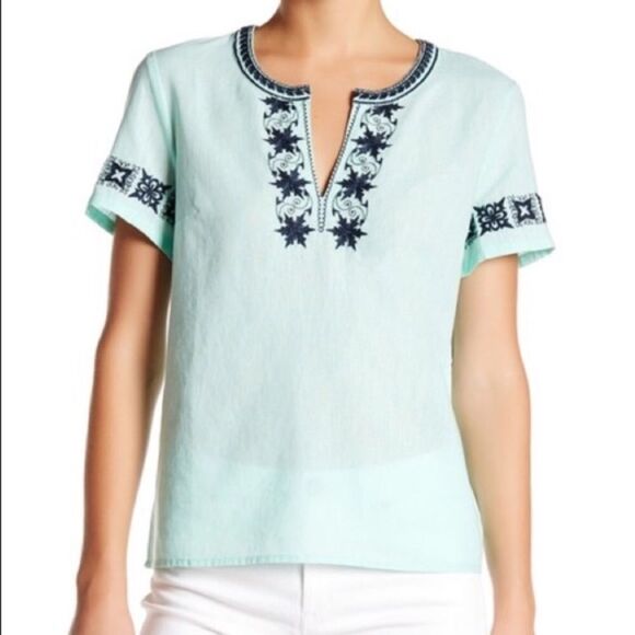 J.CREW BEACH BOHO PEASANT EMBROIDERED LINEN MINT GREEN‎ V-NECK TOP XXS - Picture 1 of 10